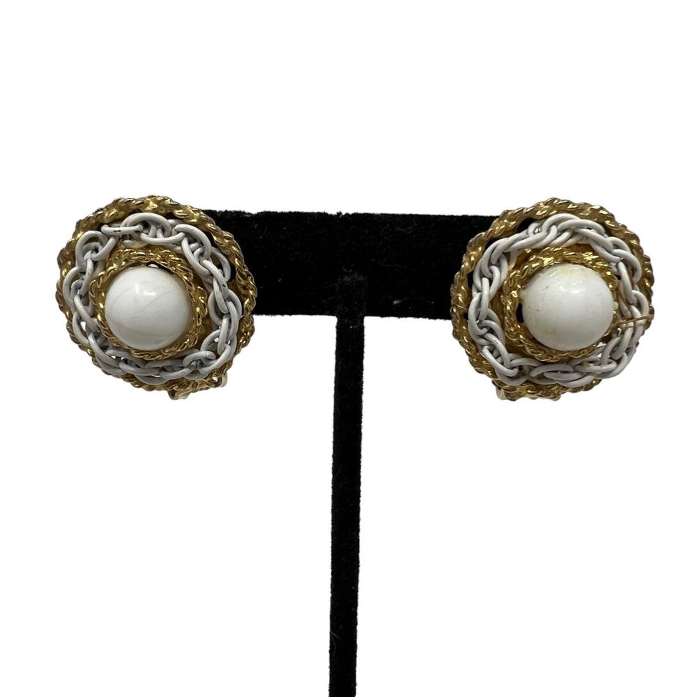 Vintage Clip On Earrings Gold Tone Rope Wrap White Beads and Chain Button‎